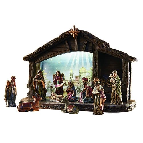 Avalon Gallery Lighted Nativity Stable Holy Family 11-Piece Scene Set