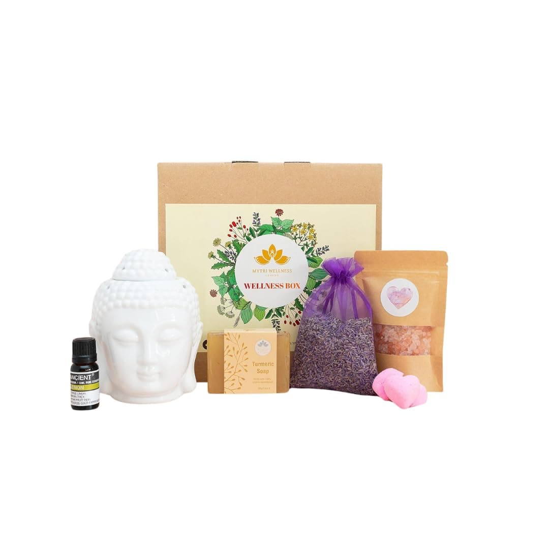 Luxury 7 Piece Vegan Spa Box with Buddha Oil Burner & Natural Handmade Ayurvedic Soap, Wellness Box for All Occasions, Box for Women/Men, Birthdays/Anniversaries Box