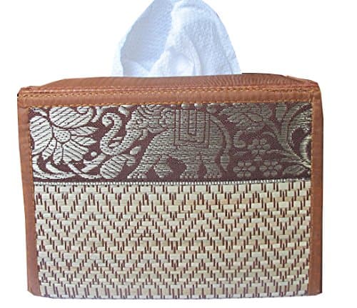 Rectangular Handmade Thai Woven Straw Reed Tissue Box Cover with Gold Silk Elephant Design