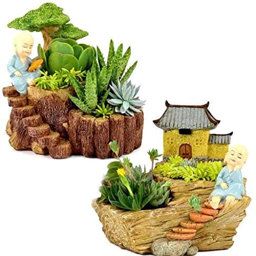 Brotherhood Enterprise Combo Pack of 2 Monk Pots Modern Design Resin Pot Monk Garden with Tample Design Unique Design Succulent Pots Poly Resin Pot Imported without Plant