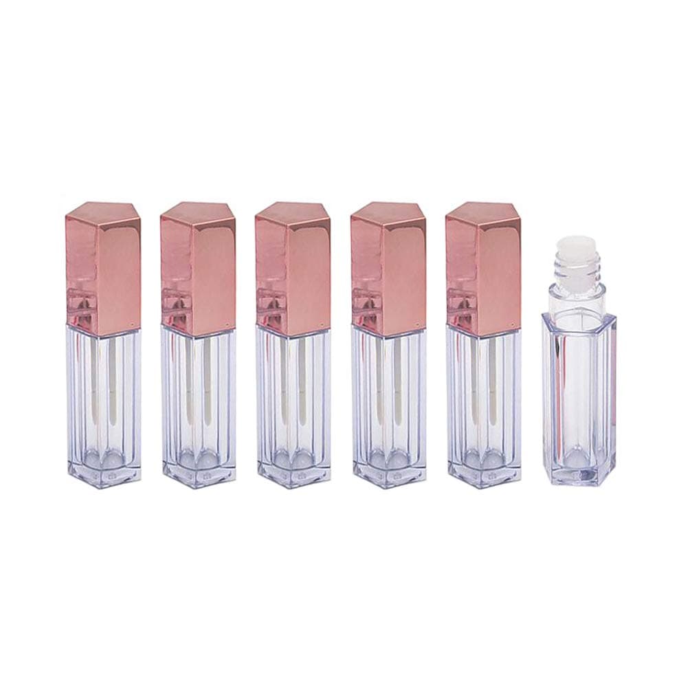 6PCS 10ml/0.33oz Portable Pentagon Clear Lip Glaze Tubes with Lipstick Brush Empty Refillable Plastic Lip Gloss Pipes Traveling Sample Storage Jars Pots Vial for Girls Womenï¼ˆRose Goldï¼‰