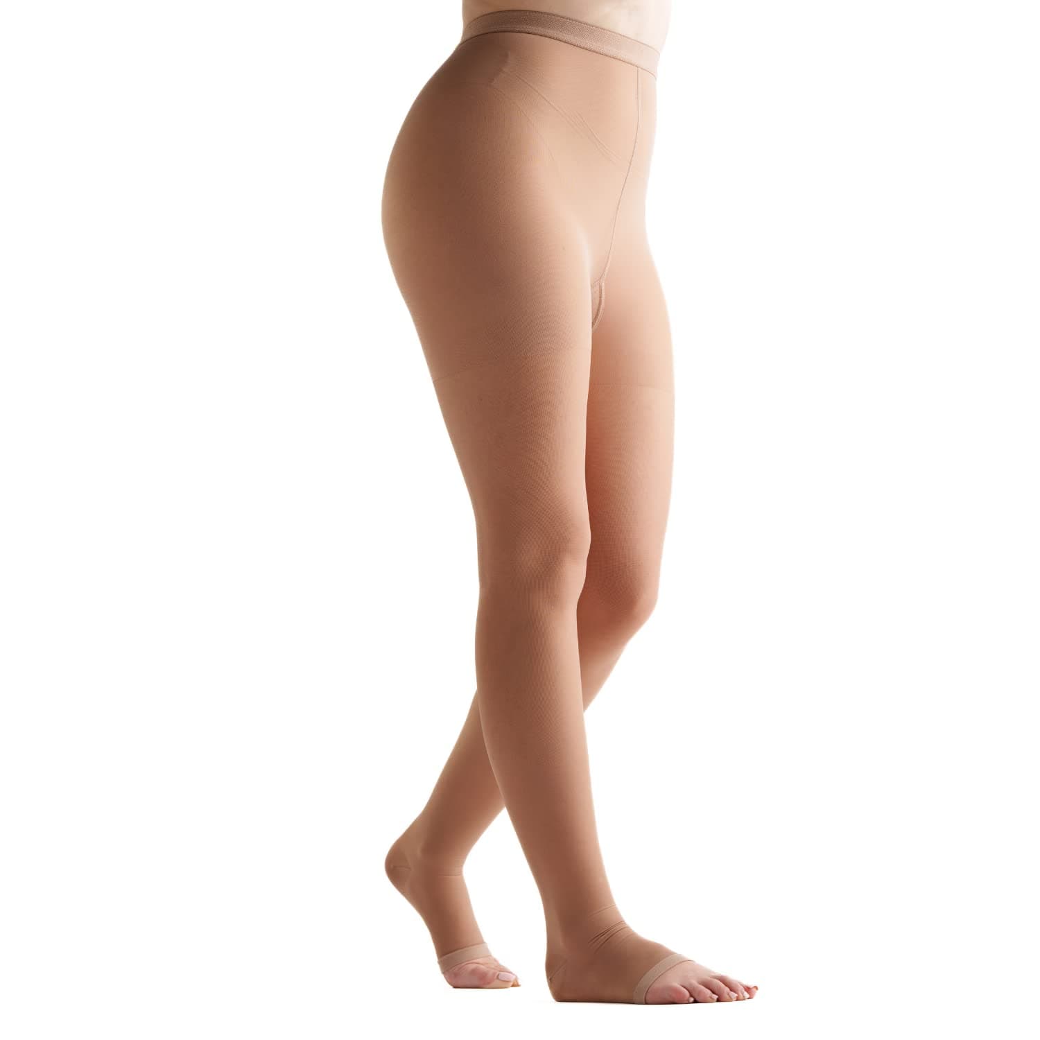 Women's USA Made Open Toe Compression Pantyhose 15-20 mmHg Moderate Pressure Medical Quality Ladies Waist High Sheer Support Stockings - Circulation Panty Hose (Small, Tan Beige Nude)