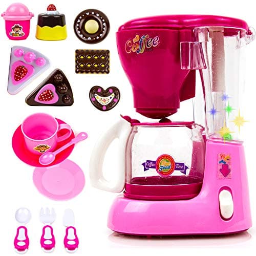 Toysery Coffee Maker and Blender Mini Appliances Kitchen Toy Set - Realistic Coffee Maker Toy with Flashing Lights and Music - Kids Home & Kitchen Playset Pretend Play Toy Kitchen for Toddlers Girls B