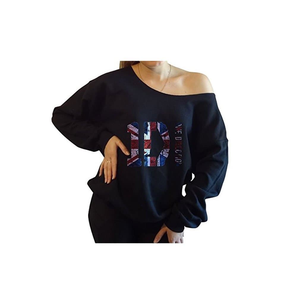 One Direction UK Flag Slouchy Oversized Off The Shoulder Sweatshirt (Large, B...