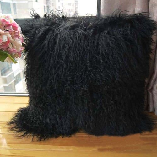 100% Real Mongolian Lamb Fur Tibetan Cushion Cover European Size 26 X 26 Inch, Black