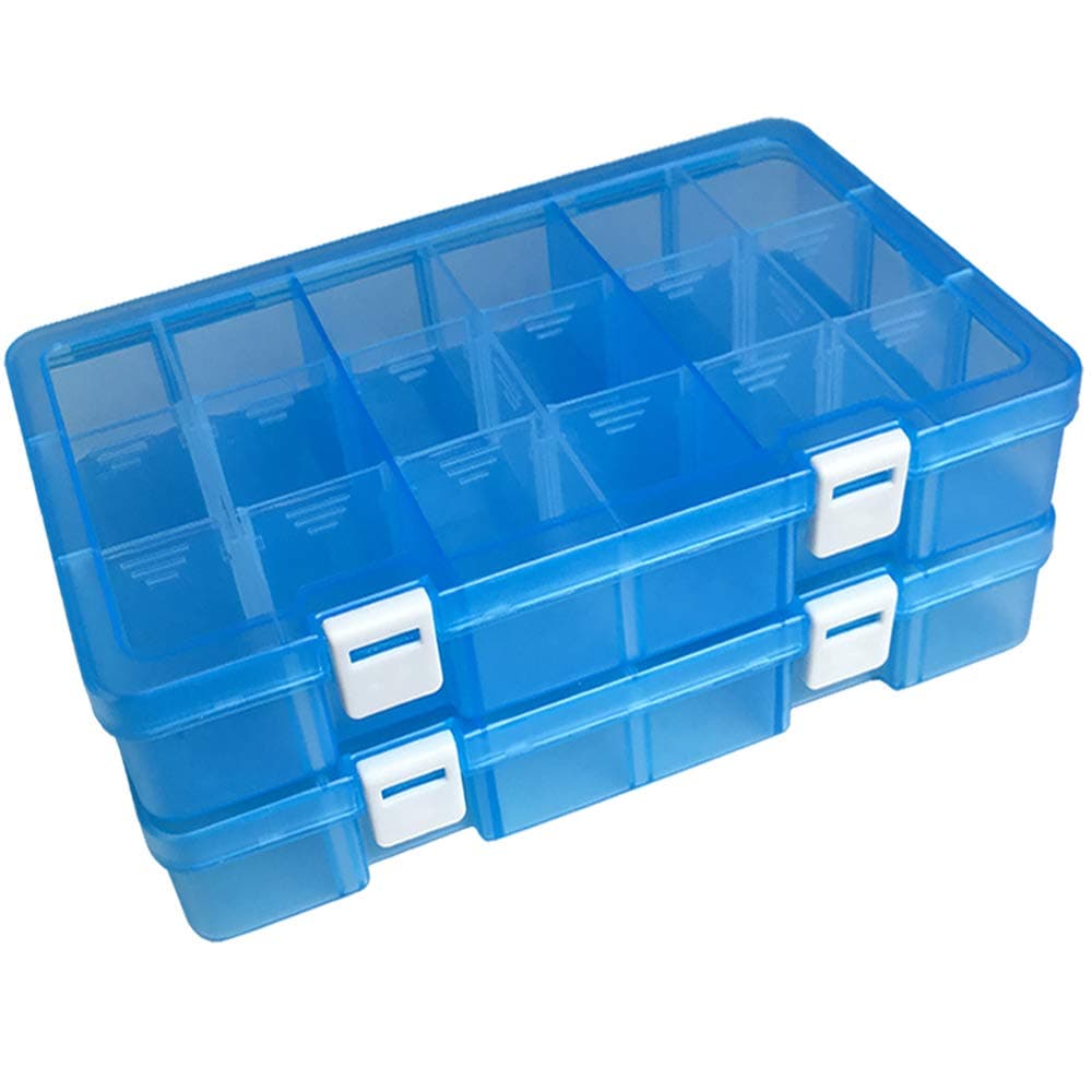 DUOFIRE Plastic Organizer Container Storage Box Adjustable Divider Removable Grid Compartment for Jewelry Beads Earring Tool Fishing Hook Small Accessories(18 grids, Blue X 2)