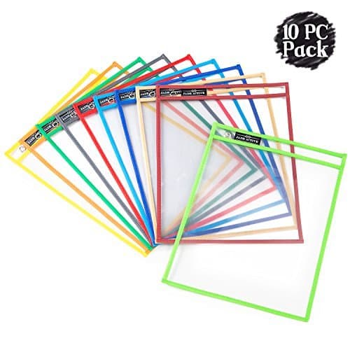 Dry Erase Pockets - Reusable + Oversized - Size 10 X 13 Inches - 10 Pockets for Adults and Children - Mixed Colors - Ideal to use at School or at Work