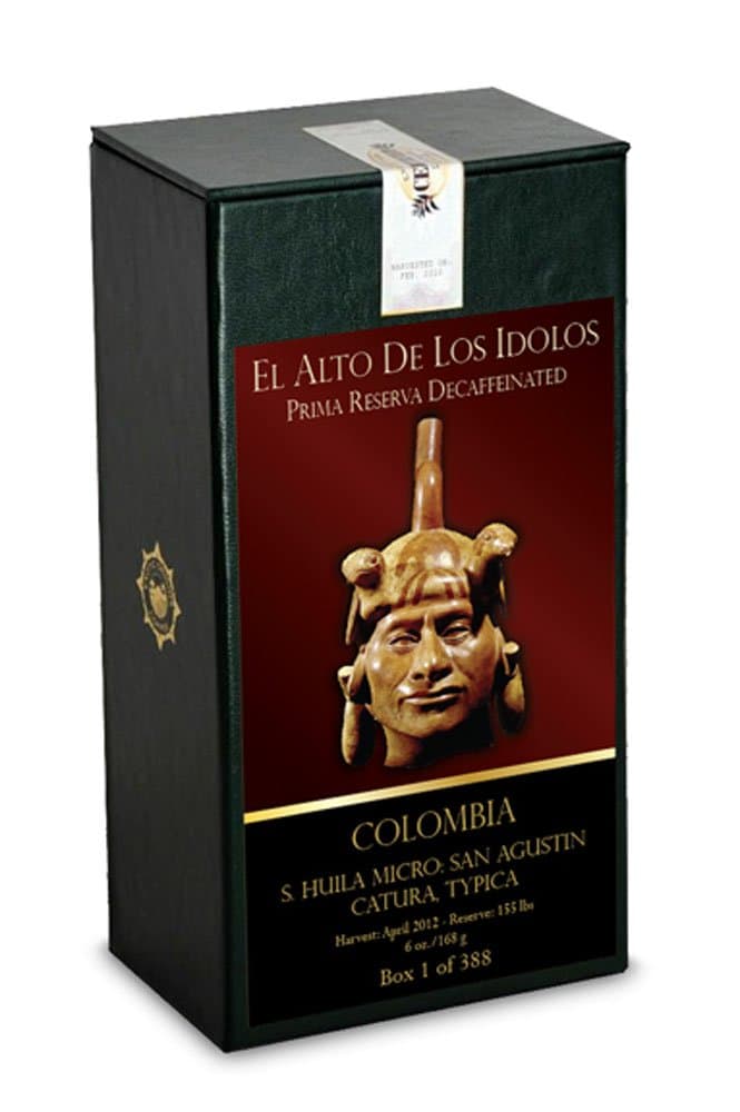 Exotic Origins Coffee: 91 Point – El Alto De Los Idolos – DECAF – Blend of Two Varietals: Caturra and Typica – Limited Reserve of 155 Pounds – San Agustin Micro Climate in Huila, Colombia – One Sequentially Numbered Box of 388 – Whole Bean – 6 oz.