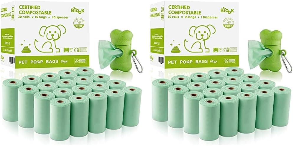 Biodegradable Dog Waste Bags, 300 Count, PLA+PBAT Material, Certified Compostable, Easy Detach, Thickness, 180 Day Decomposition, 15 Bags Per Roll, 9 x 13 Inch Size (Pack of 2)