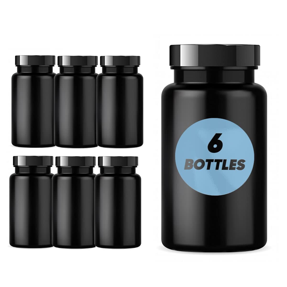 Plastic Pill Bottle (6 Pack) Dark Amber Container with Smooth Black Lid, 38-400 Neck, 120 cc Capacity