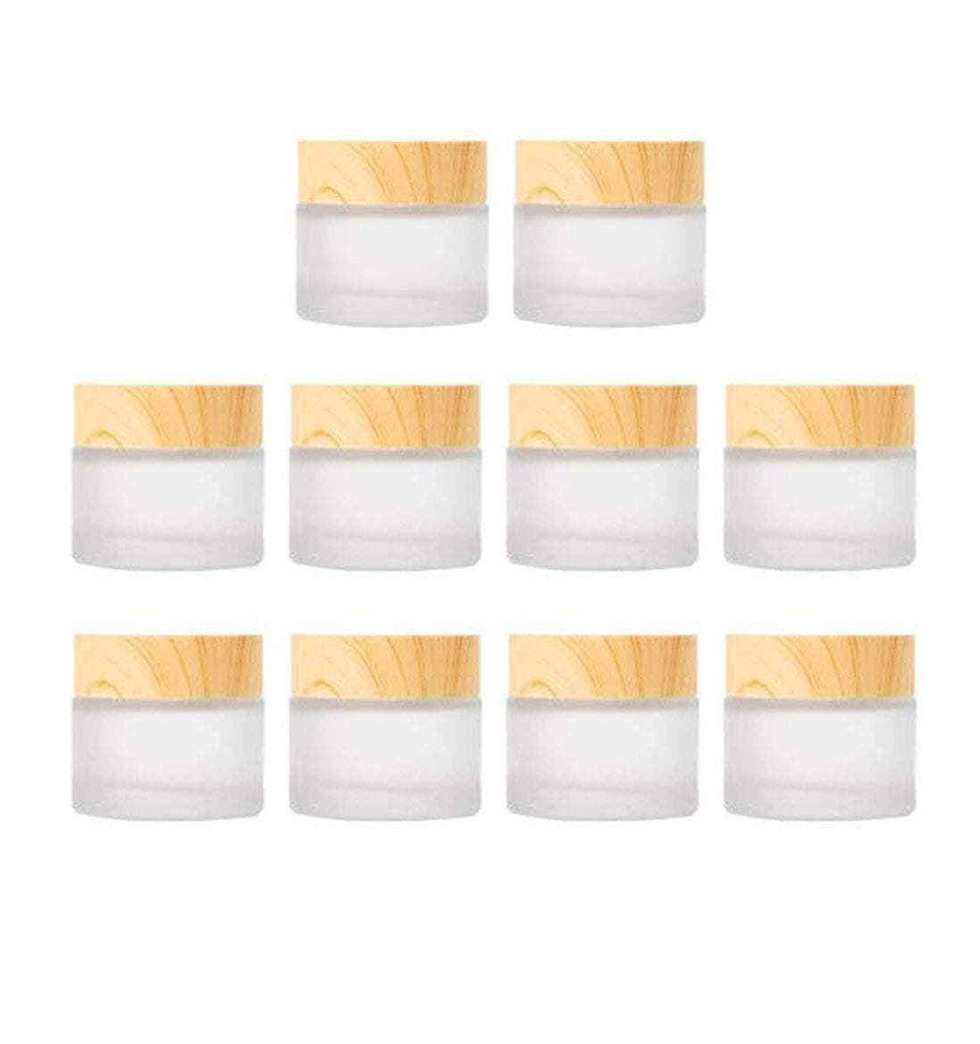 10 Pcs 5 Grams/5 ML Empty Frosted Glass Cream Jars Bottle Vials with Wood Grain Lid Lotion Jars Cosmetic Comtainers Refillable Glass Cream Box Jar Pot for Makeup Lotion Lip Balm Eye Cream