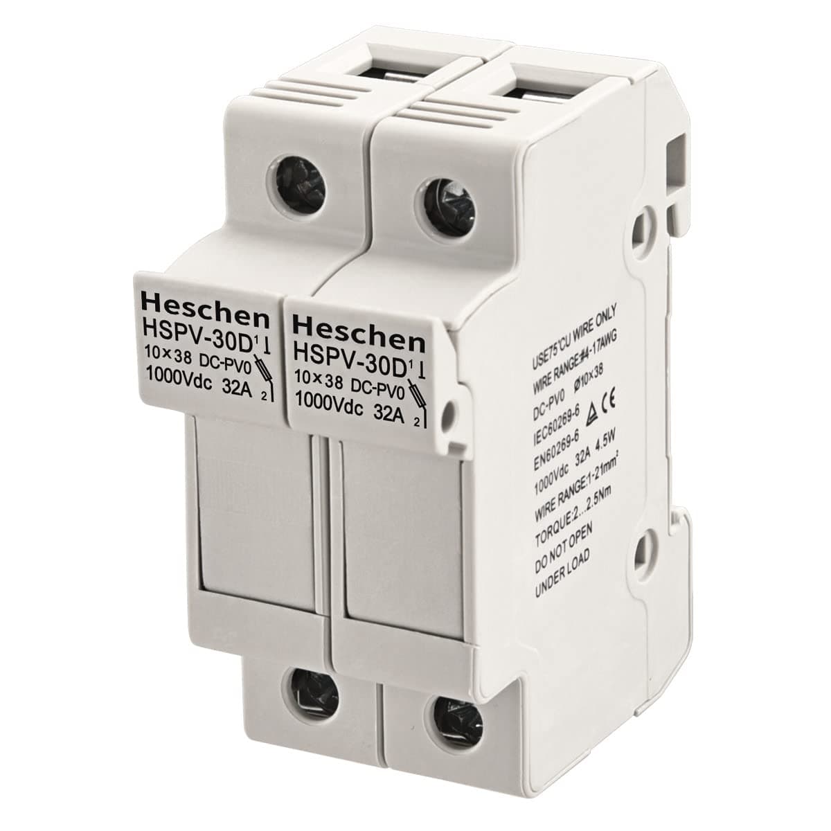 Heschen Solar/Photovoltaic Fuse Holder, PV Fuse Holder, HSPV-30D, DC1000V 32A, 2 Pole, 35mm DIN Rail Mounting, CE Listed