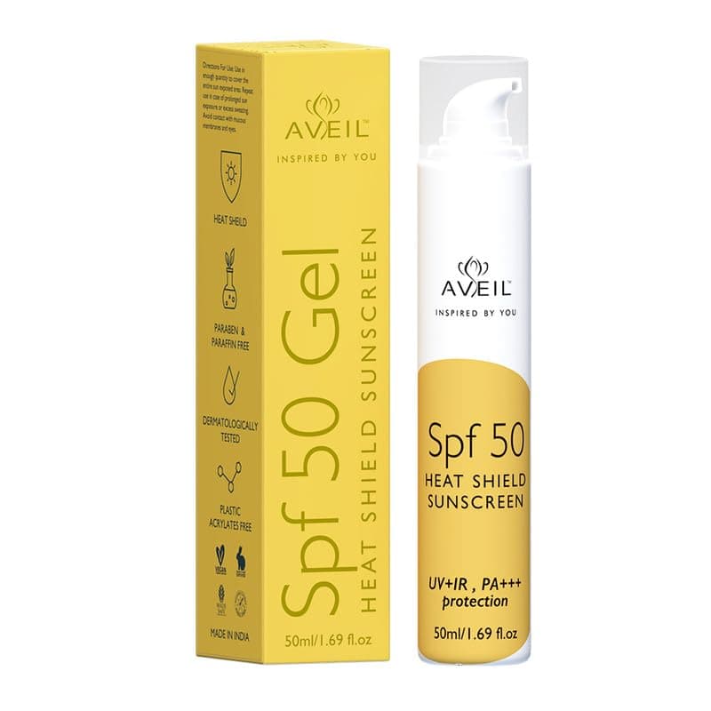 AVEIL Heat Shield Gel Sunscreen SPF 50 With PA+++ | For All Skin Types | Paraben & Paraffin free | Hydrating Sunscreen | Sun Protection From UVA, UVB, IR | No White Caste | Pack of 1-50ml