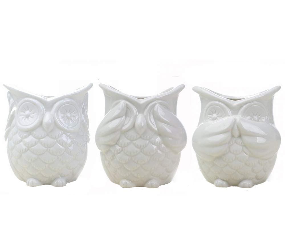 Set of 3 Modern White owl Ceramic Succulent Planter Pots/Mini Flower Plant Containers (White owl)