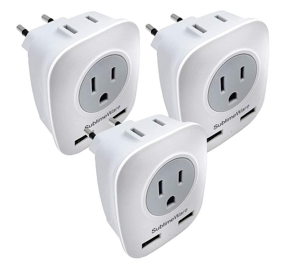 European Power Adapter (3 Pack) - w/ 2 USB Ports & 2 AC Outlets - USA to EU Outlet Plug - US to Europe Plug Adapter - Electrical Charger Travel Adapters for Europe - for Type F, E, C Charging