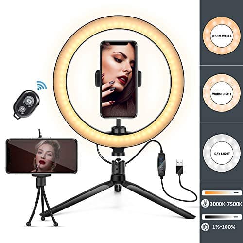 10" LED Ring Light with Tripod Stand & Phone Holder, Dimmable Desk Makeup Ring Light 3 Light Modes，Remote Control for iPhone & Android, Perfect for Selfie Live Streaming & YouTube Video Photography