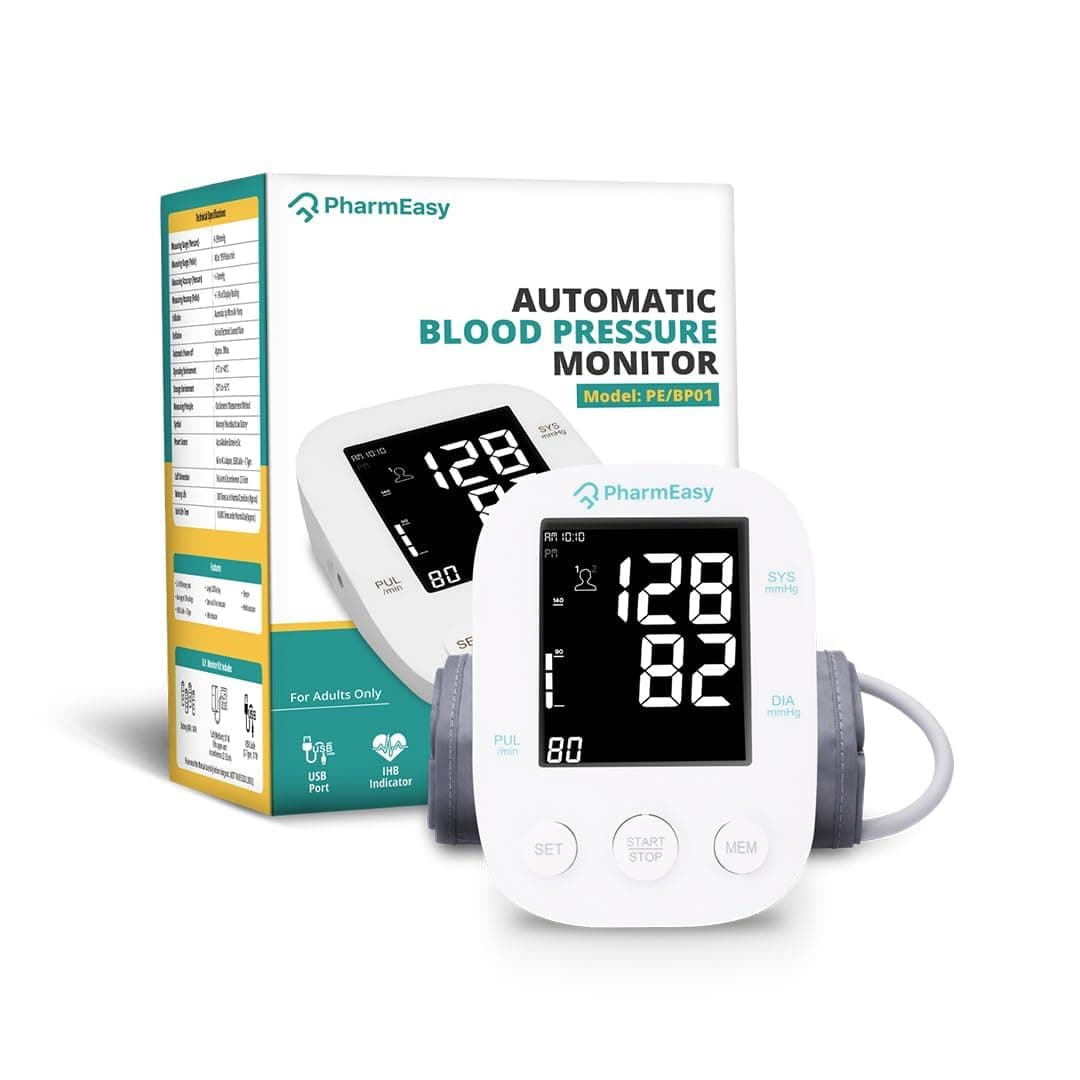 PharmEasy Digital BP Monitor - Blood Pressure Check Machine for Home & Clinic Use, Health Measuring Instrument With Adaptor, Automatic Manual Apparatus for Accurate BP Monitoring, Compact & Reliable