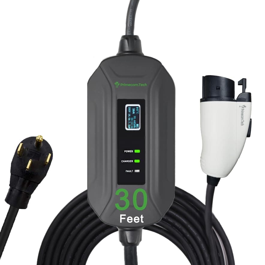 PRIMECOM Level 2 Electric Vehicle (EV) Charger (220V / 240Volt, 16Amp) Portable EVSE Smart Electric Car Charger, 30', 40', and 50 Feet Lengths (30 Feet, 14-50P)