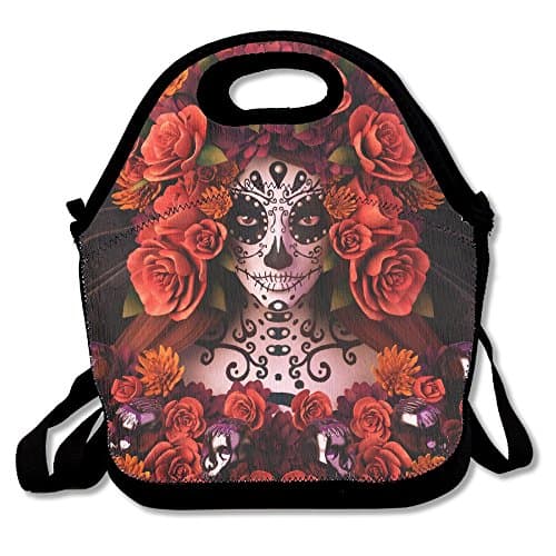 Most Fashion Maker Sugar Skulls Roses Day Dead Halloween Lunch Bags Insulated Travel Picnic Lunchbox Tote Handbag Shoulder Strap Women Teens Girls Kids Adults