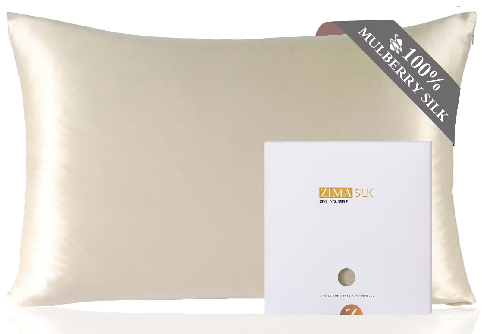 ZIMASILK 100% Pure Mulberry Silk Pillowcase for Hair and Skin Health,Soft and Smooth,Both Sides Premium Grade 6A Silk,600 Thread Count,with Hidden Zipper,1pc (50x75cm, Beige)