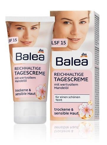 Balea Almond-Blossom Rich Day-Cream with Almond Oil for Dry & Sensitive Skin, SPF15 – No Silicones/No PEG/Not Tested on Animals/Vegan – 50ml