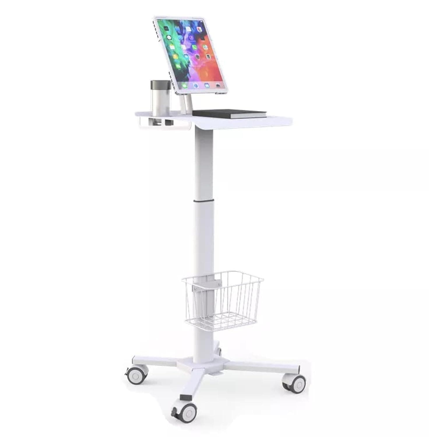 C01 Height Adjustable Mobile Medical Tablet Cart with Wheels and Tablet Enclosure Basket Storage | Medical Trolley for Hospital Clinic Beauty Salon | Pneumatic Mobile iPad Workstation