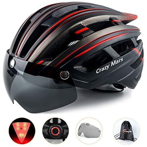 Crazy Mars Bike Bicycle Helmet - Cycling MTB BMX Helmet with Light and Magnatic Goggle Visor Men Women Adjustable