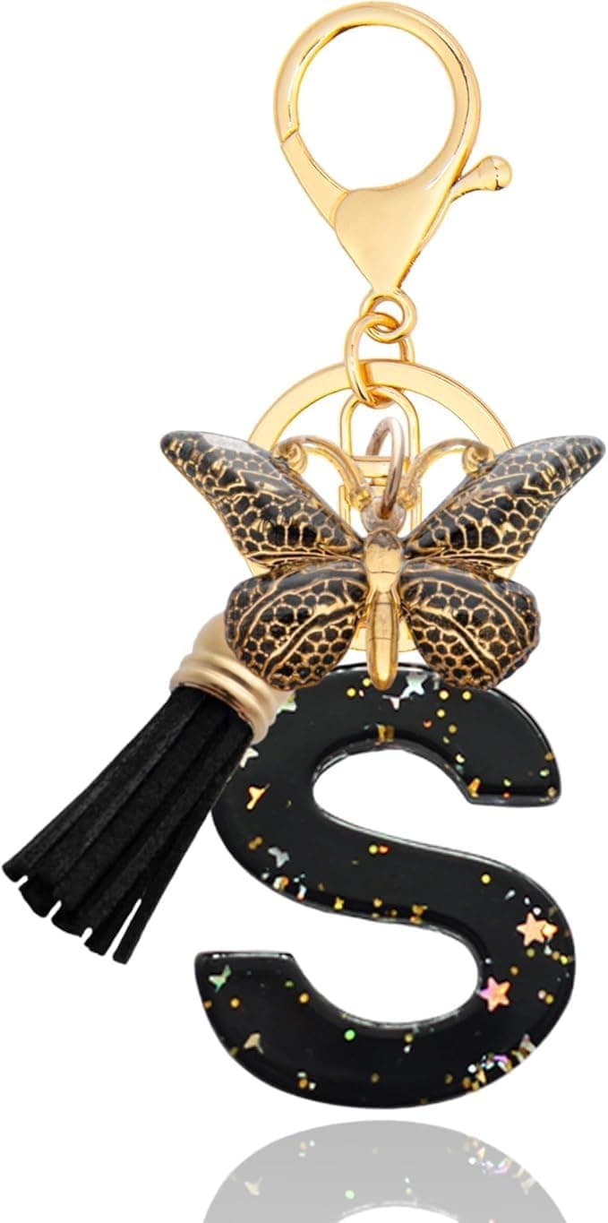 Personalized Name Initials Butterfly Charm Keychain – Beautiful Name Letters Keyring with Black & Golden Tassel & Butterfly Pendant, Purse, Bag, Backpack Accessory