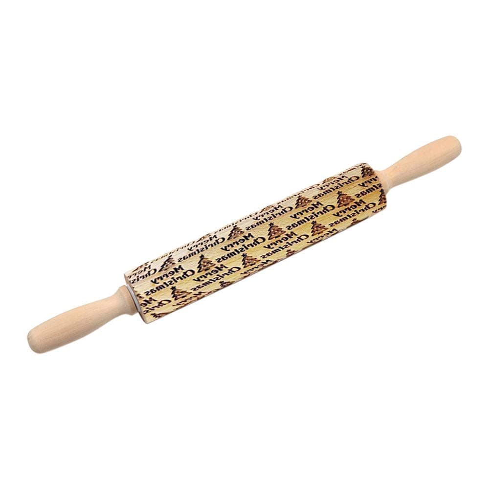 Iusun Christmas Wooden Rolling Pin Engraved Embossing with Tree Cartoon Pattern for Baking Embossed Cookies Noodle Biscuit Fondant Cake Kitchen Tool