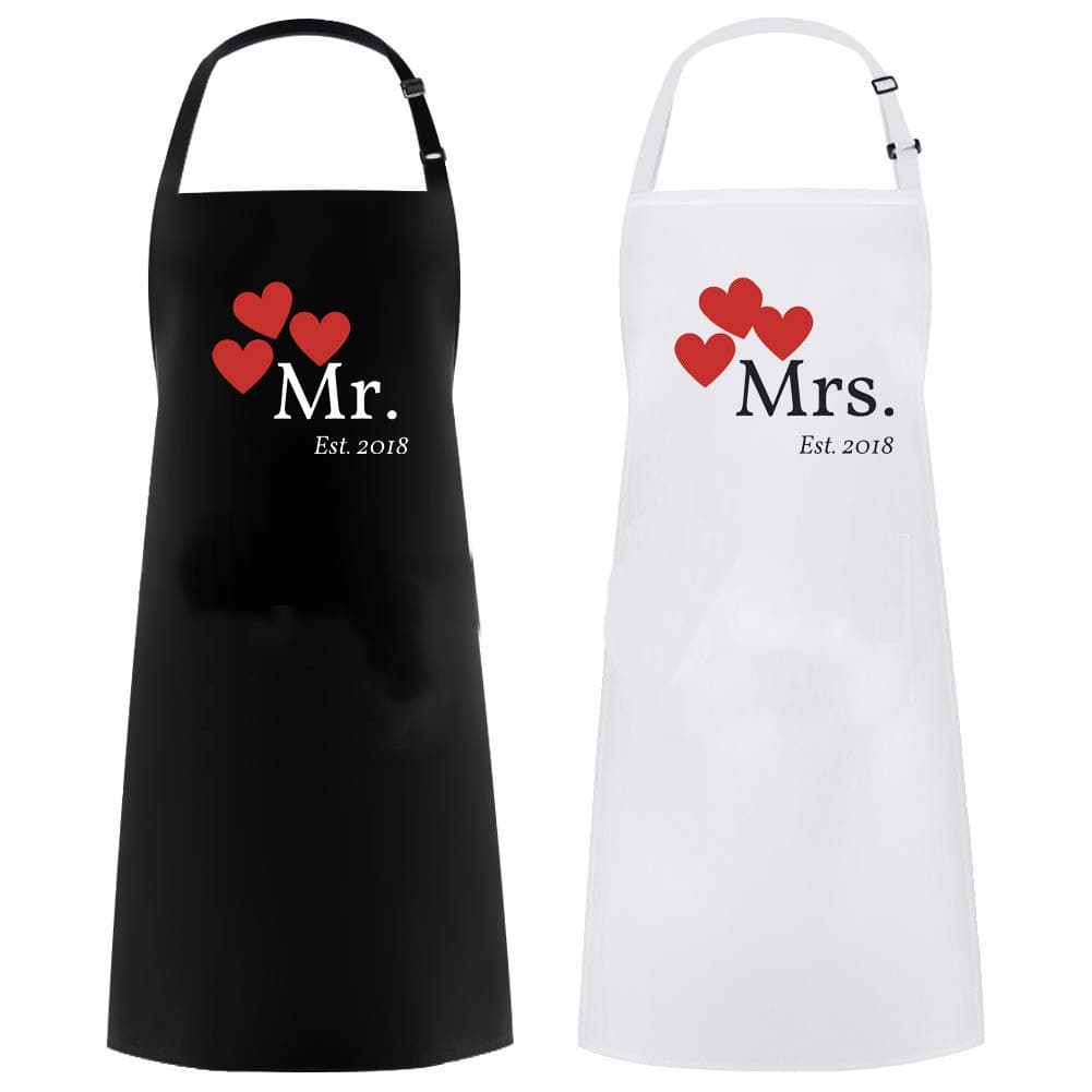 Mr and Mrs Est. 2018 Aprons, Make a Perfect Couples Gift, Bridal Shower Gift, or Engagement Gift, This Kitchen Set has Cute Aprons, Fun Couple Gifts