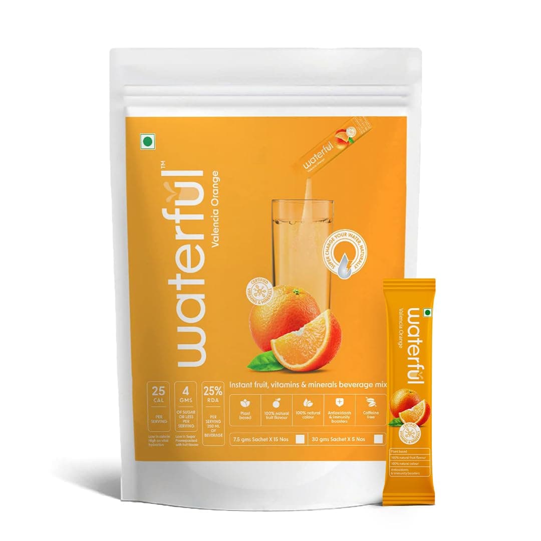 Waterful Valencia Orange (7.5 gms X 15 sachets) 100% Natural, Real Fruit Flavor, 10+ Vitamins & Minerals, Low Cal Hydration Powder Mix (Pack of 1)