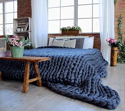 Chunky Knit Blanket Soft Bulky Hand Made Merino Wool Throw for Bedroom Sofa Decor Super(Navy 32"x40")