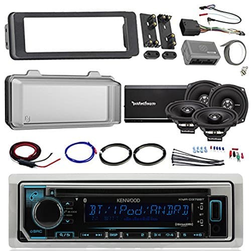 Harley Audio Package Of Kenwood KMR-D372BT Bluetooth CD MP3 Stereo Receiver Bundle Combo With Dash Trim Kit + Radio Cover + 4x 5.25 Speaker + 4 Channel Amplifier W/Install Kit + HandleBar Conroller