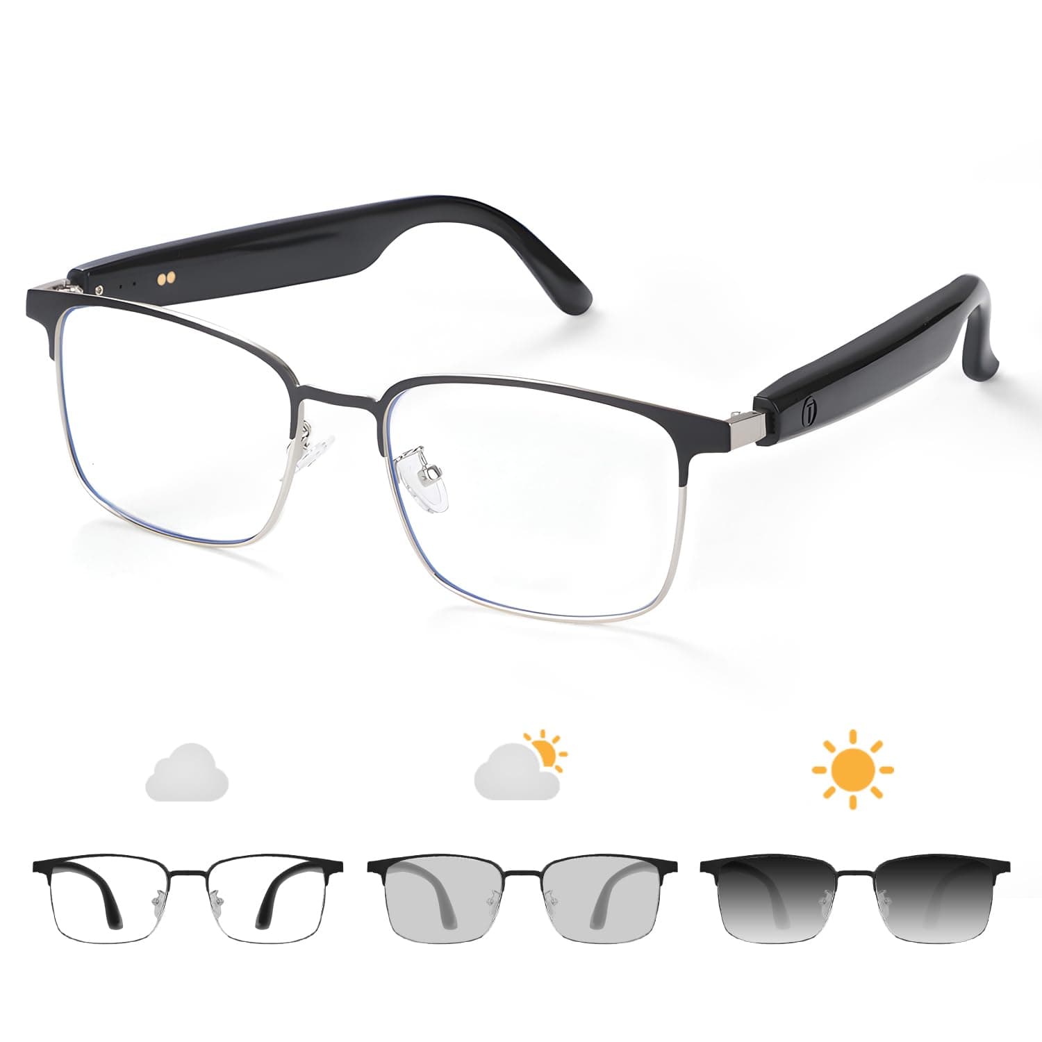 Bluetooth Audio Smart Glasses, Blue Light Glasses for Women Men, Remote Shooting, Open Ear Sound Mic & Speakers, Magnetic Charging, Color-Changing Polarized Sunglasses Lenses, Voice Assistant（GS06S)