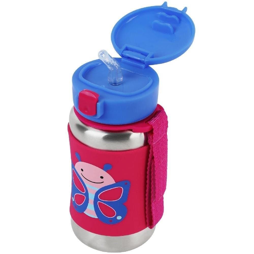 Skip Hop Spark Style Stainless Steel Kids Straw Water Bottle, Leak-Proof, Portable Thermos, Non-Slip Silicone Sleeve, Pop-Up Lid, Dishwasher Safe, BPA-Free, For Kids 1+, 350 Ml, Butterfly Design
