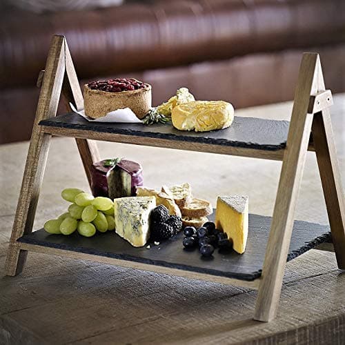 Slate Serving Board Premium Bamboo Rustic Slate Boards 2 Tier Cake Stand Foldable Rack Food/Tapas/Sushi/Appetiser Dishes Serving Tray Plates Platters