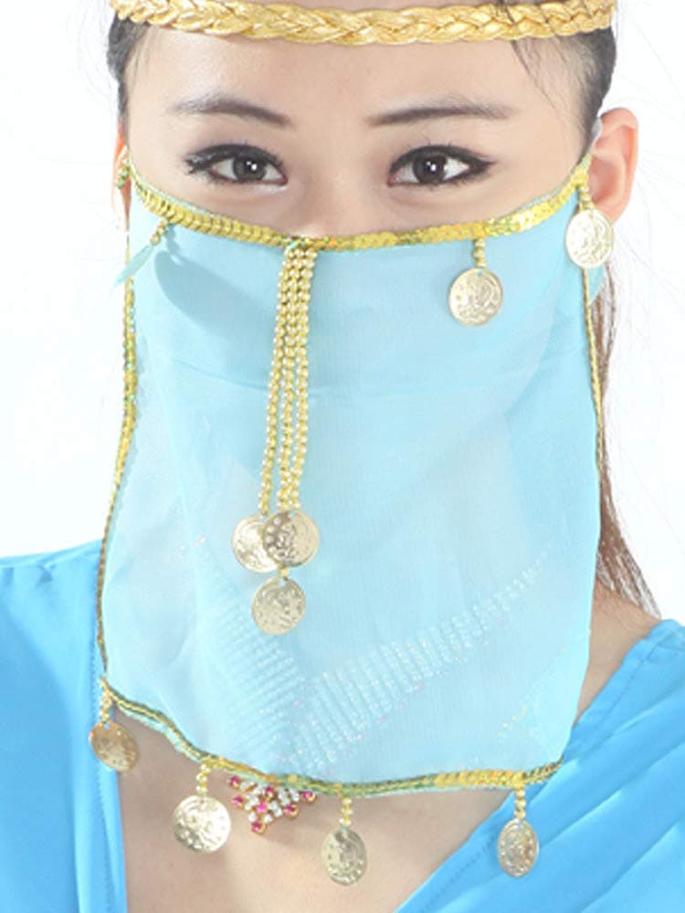 Silk belly dance sexy face veil mask costume blue/green/pink womens girls Arabian Turkish outfits with golden tie