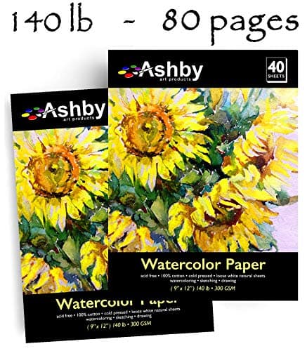Ashby - Practice Watercolor Paper - 9" x 12" (80 Sheeets)  - 100 Percent Cotton,  Acid-Free, Loose White Sheets.