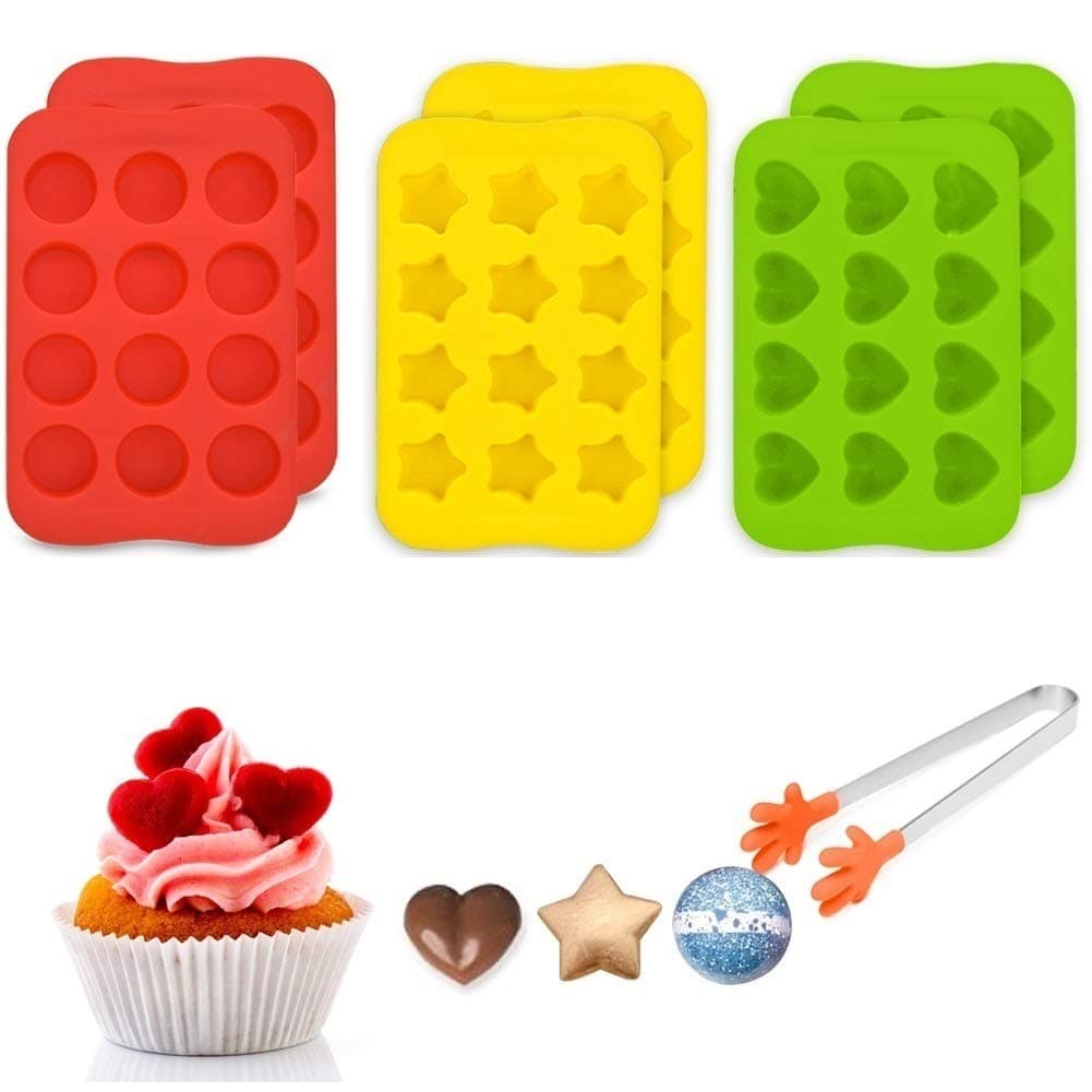 Small Novelty Silicone Molds for Candy Chocolates Gummy Cakes 6 Set - Heart, Star, Mini Cup Shaped Ice Cube Trays for Baby Food Dog Treats Bath Bomb, with 1 Bonus Food Holder Tong Gift Choice