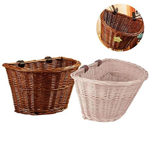 sweetyhomes Bike Basket Adult Front Handlebar Wicker Bicycle Basket Bicycles Cane Woven Rectangular Basket with Authentic Leather Straps