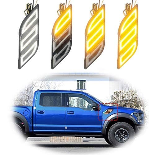 HEQIANG White/Amber Switchback Sequential Blink Full LED Fender Grille Side Marker Light Daytime Running Turn Signal Lights Kit for Ford F150 Raptor 2016 2017 2018 2019