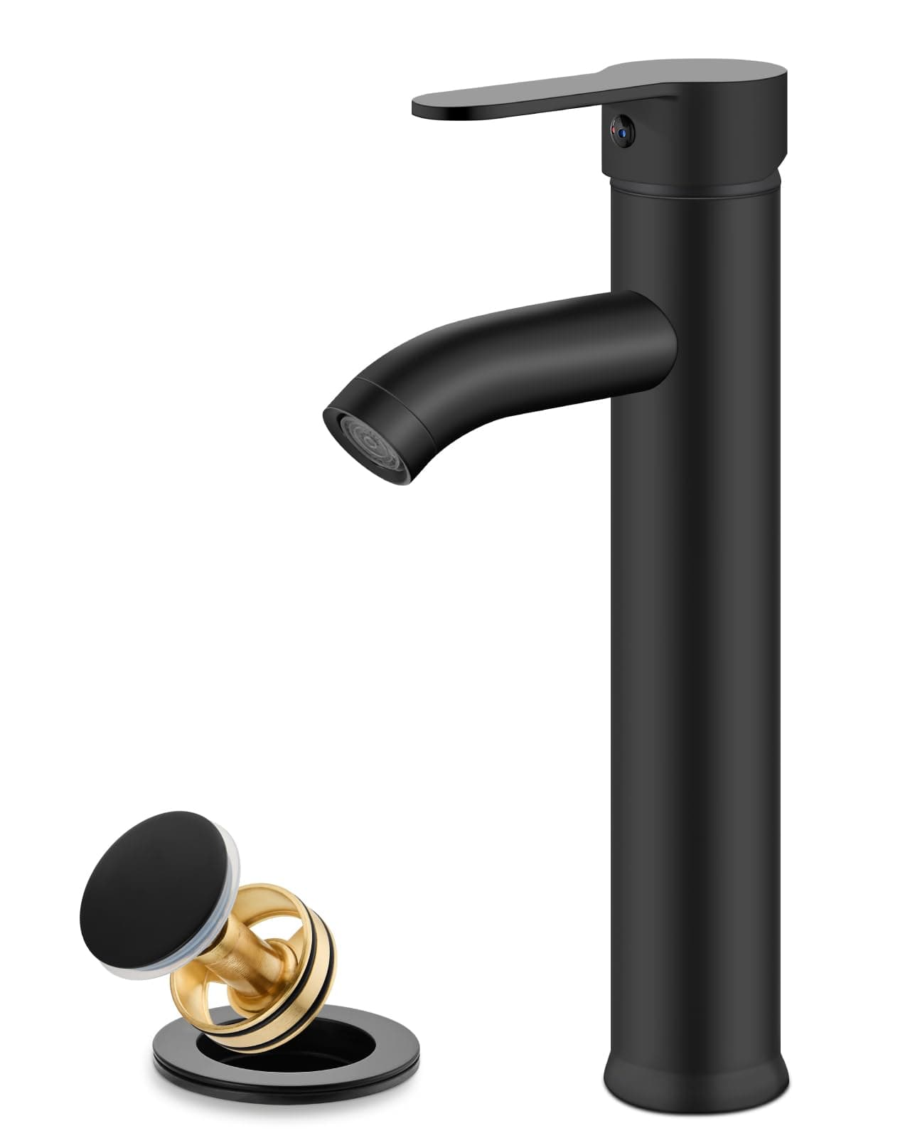 gotonovo Vessel Sink Faucet Modern Tall Bathroom Faucet Single Handle One Hole Stainless Steel Vanity Lavatory Rv Bowl Basin Mixer Tap with Supply Lines and Metal Pop Up Drain, Matte Black