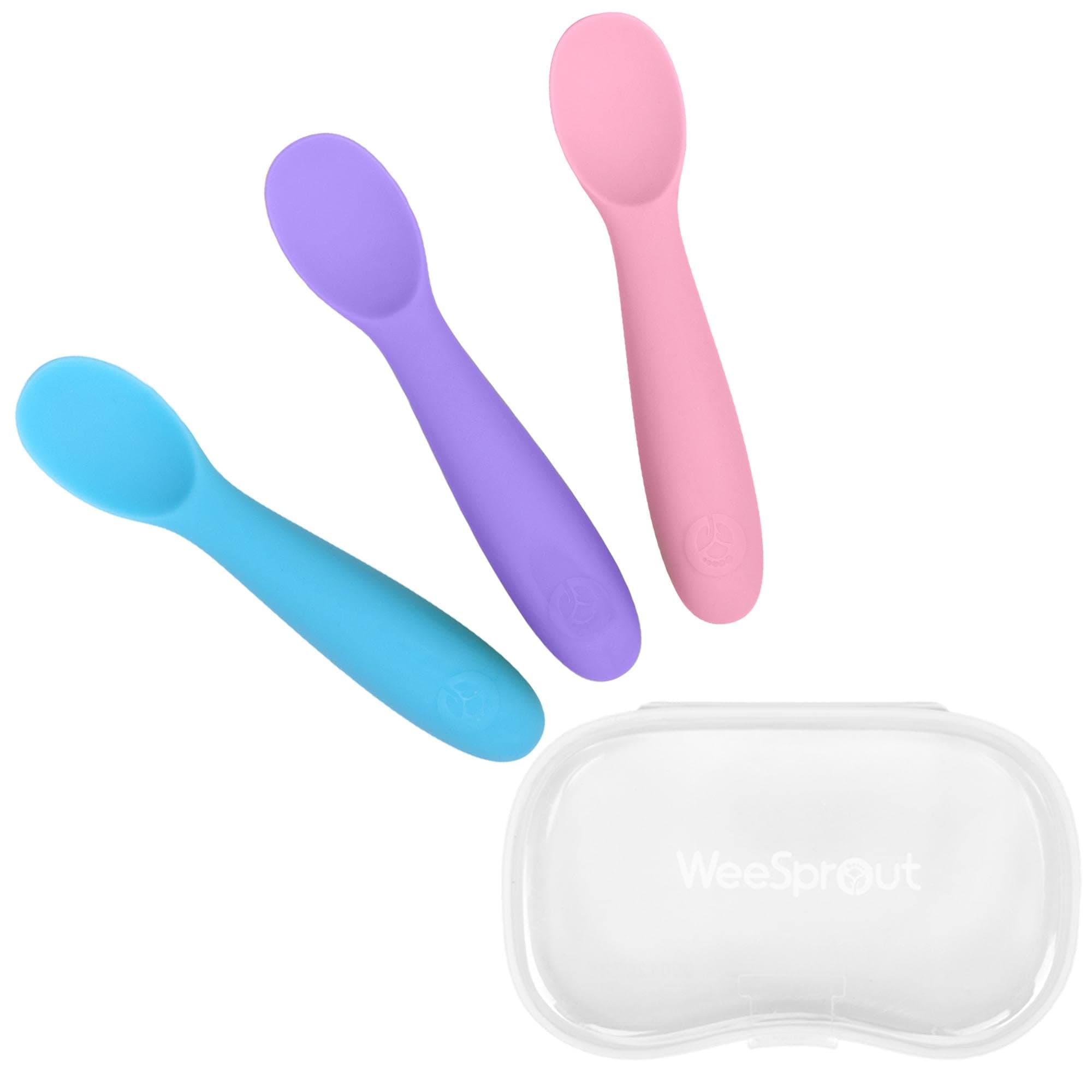 WeeSproutBaby Spoons for Self Feeding 6 Months +, Soft & Durable Silicone Utensils for Sensitive Gums & Teeth, Easy Grip Handles & Shorter Length for Little Hands, 3 Pack + Carrying Case
