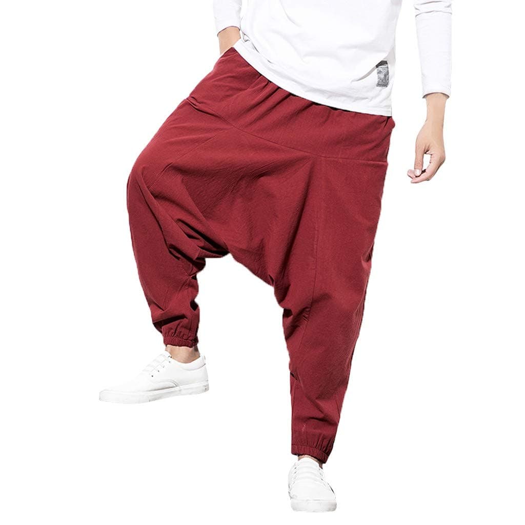 IFOUNDYOU Men's Harem Pants Boho Hippie Wide Baggy Trousers with Drop Crotch Comfortable Elastic Waist Drawstring Pants Bottoms Plus Size