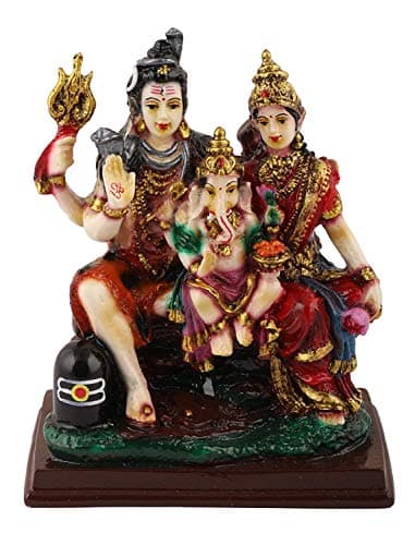 VintFlea 'Handmade God Shiv, Parvati with Ganesh Statue' Parivar, Sitting on Stone, Indian Religious Figurine, Resin Marble Work Idol Sculpture, for Home Decor Showpiece - 12.5 x 14 x 7 cms