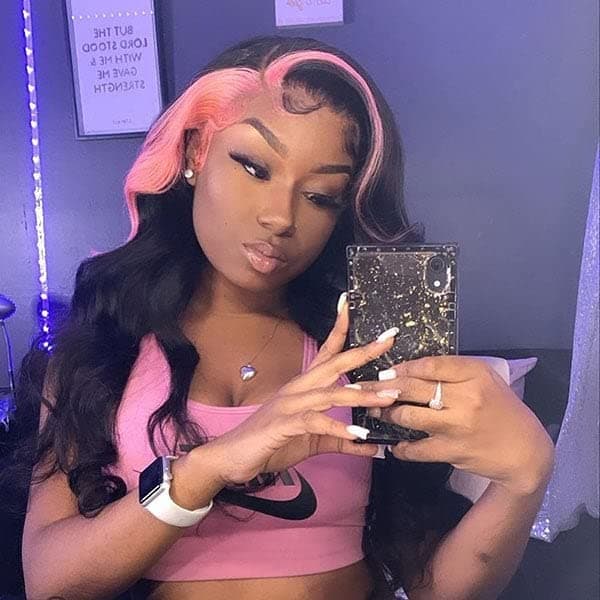 Skunk Stripe Wig Ginger Pink Synthetic Lace Front Wig for Women Long Curly Wavy Wig with Orange Highlight Wigs Glueless Hairline Lace Wig Heat Resistant Fiber Party Cosplay