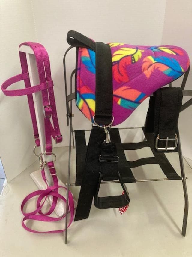 Miniature Horse/SM Pony Childrens Bareback Saddle PAD Set - Rasberry Pink Bridle (Free Snaffle bit Style Varies), Cinch Upgrade, Feather Print