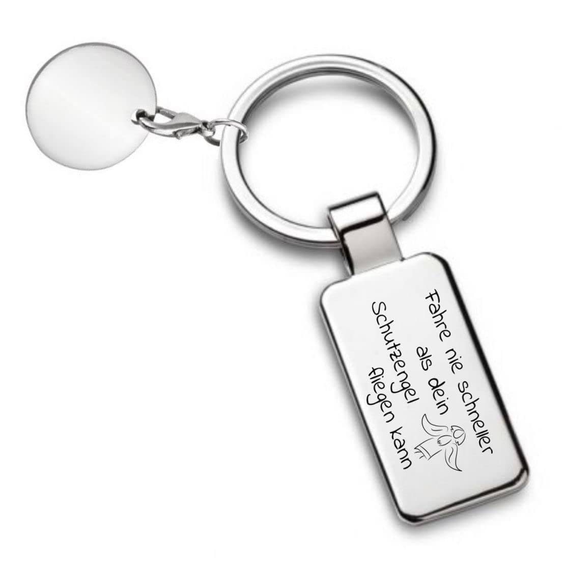 Key Fob with Engraving – "Fahre nie schneller ALS Dein Schutzengel fliegen kann" [German Language Engraving] – Chrome-Plated 7288