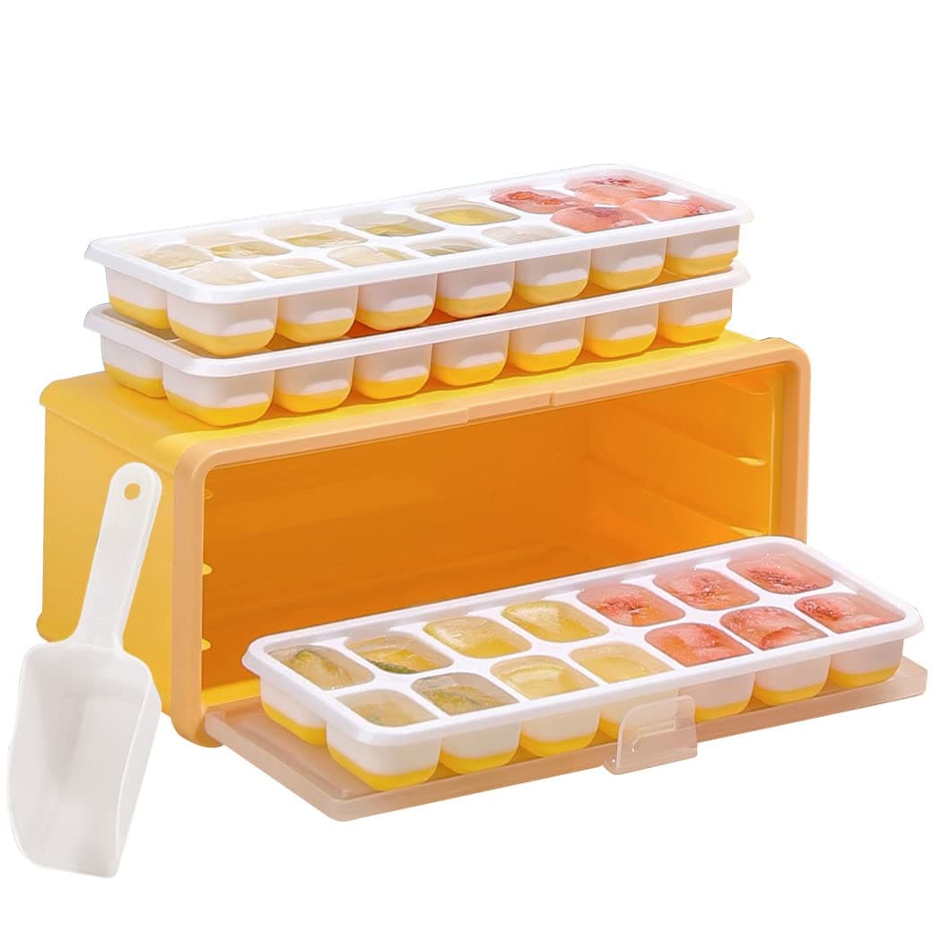Ice Cube Tray with Lid and Bin [LFGB Certified BPA Free Ice Cube Maker& Container] 3 Pack Easy Release Silicone Ice Maker Mould for Freezer, Stackable Ice Cube Moulds with Storage Ice Bin and Scoop