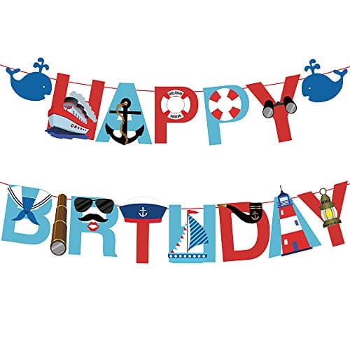 17pcs Nautical Happy Birthday Banner with Baby Whale Sailboat anchor Lifebuoy Swimming Ring Telescope Navy Suit Kaleidoscope Navy Cap Cruise Ship Big Pipe Lighthouse Coordinate Tower for Kids Baby Show Theme Birthday Festival Thanksgiving Chrismas Happy New Year Party